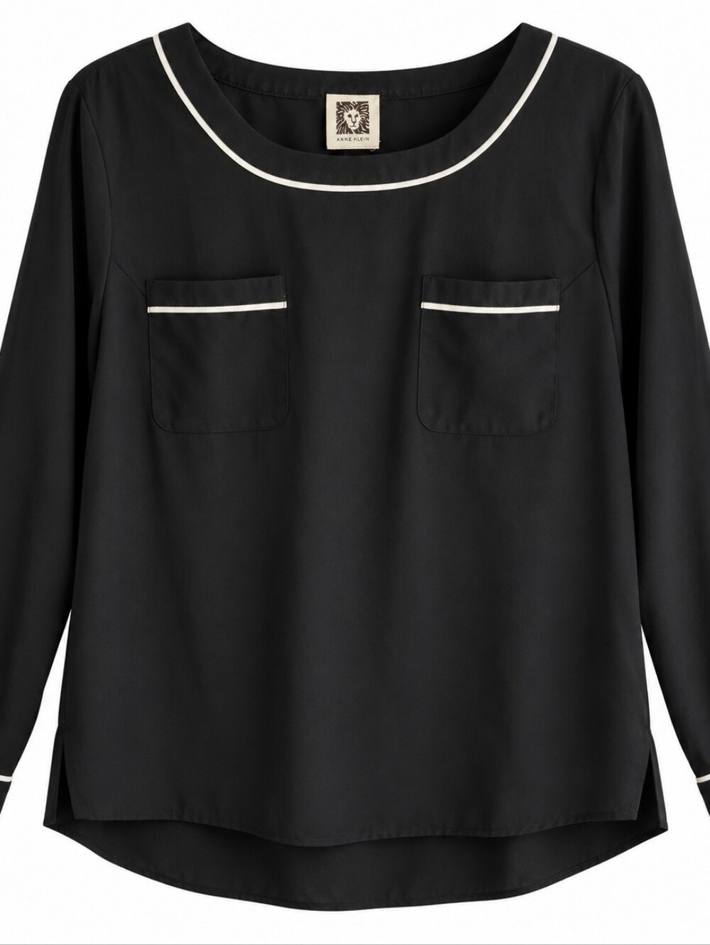 Anne Klein Size M Black White Piping Blouse Long Sleeve Minimalist Quiet Luxury